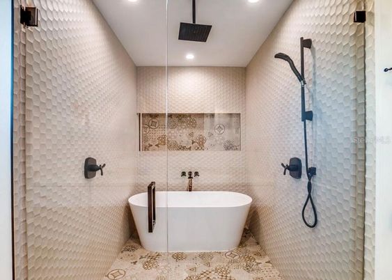Bathroom, Free Standing Baths, Glass Shower, Interior, Recessed Lighting
