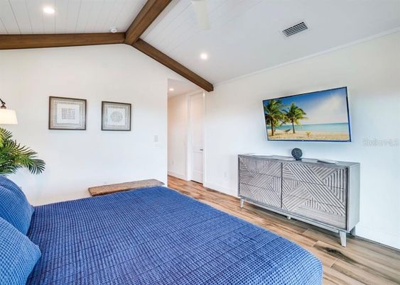 Bedroom, Interior, Recessed Lighting, Wooden Beams, Wood Texture Flooring
