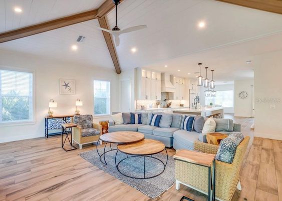 Interior, Kitchen, Living room, Pendant Lights, Recessed Lighting, Wooden Beams, Wood Texture Flooring