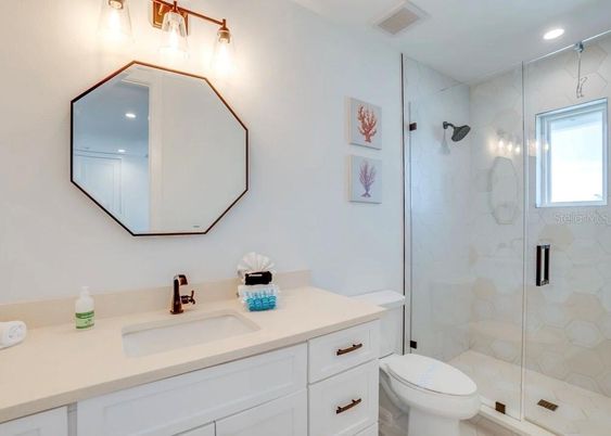 Bathroom, Glass Shower, Interior, Marble Walls, Recessed Lighting