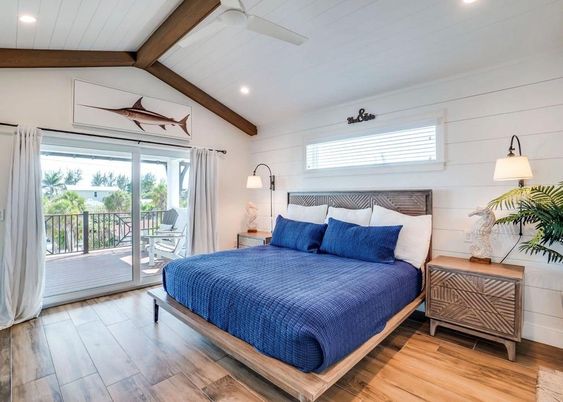 Bedroom, Interior, Recessed Lighting, Wooden Beams, Wood Texture Flooring