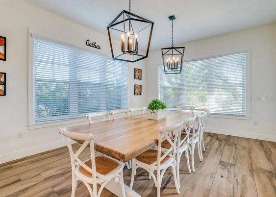 Dining room, Interior, Pendant Lights, Wood Texture Flooring