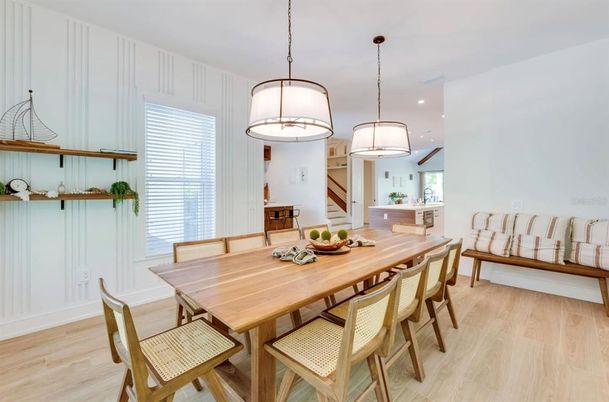 Dining room, Interior, Pendant Lights, Recessed Lighting, Wood Texture Flooring