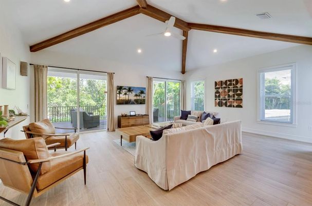 Interior, Living room, Recessed Lighting, Wooden Beams, Wood Texture Flooring