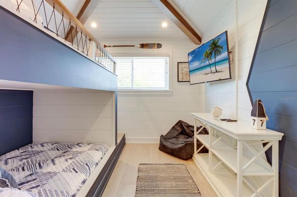 Bedroom, Interior, Recessed Lighting, Wooden Beams, Wood Texture Flooring