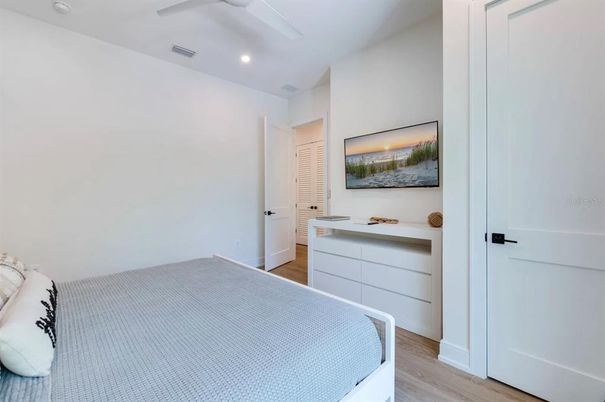 Bedroom, Interior, Recessed Lighting, Wood Texture Flooring