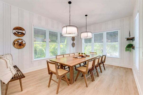 Dining room, Interior, Pendant Lights, Wood Texture Flooring