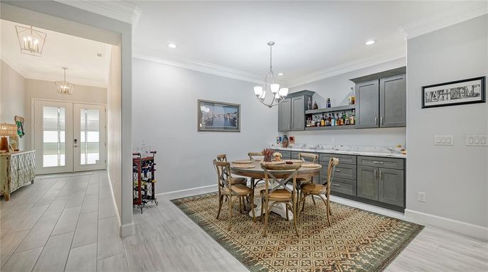 Chandelier, Dining room, Interior, Pendant Lights, Recessed Lighting, Wood Texture Flooring