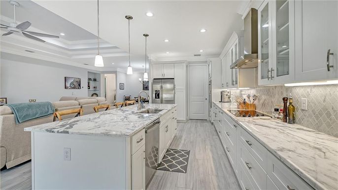 Interior, Kitchen, Living room, Pendant Lights, Recessed Lighting, Stainless Steel Appliances, Wood Texture Flooring