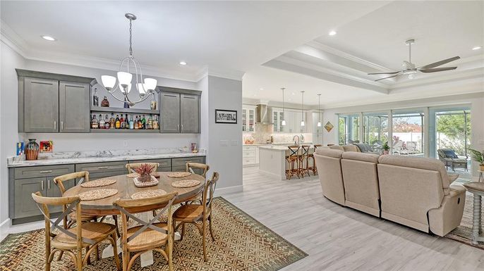 Dining room, Interior, Kitchen, Living room, Pendant Lights, Recessed Lighting, Wood Texture Flooring