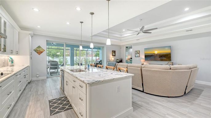Interior, Kitchen, Living room, Pendant Lights, Recessed Lighting, Wood Texture Flooring