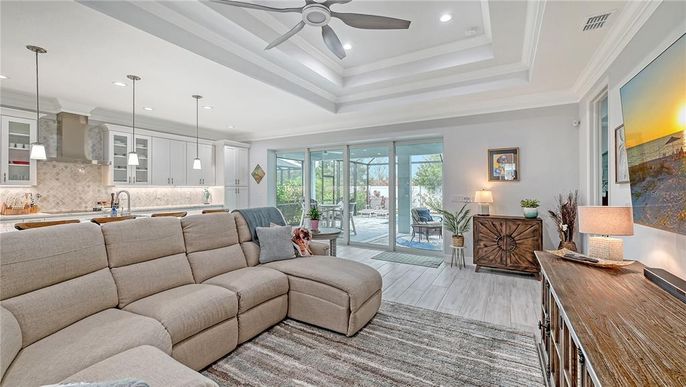 Interior, Kitchen, Living room, Pendant Lights, Recessed Lighting, Wood Texture Flooring