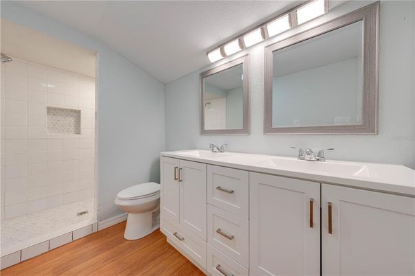 Bathroom, Dual Sink Vanities, Interior, Wood Texture Flooring