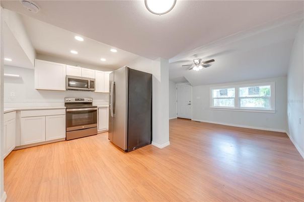Interior, Kitchen, Recessed Lighting, Stainless Steel Appliances, Wood Texture Flooring