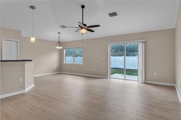 Empty room, Interior, Pendant Lights, Wood Texture Flooring