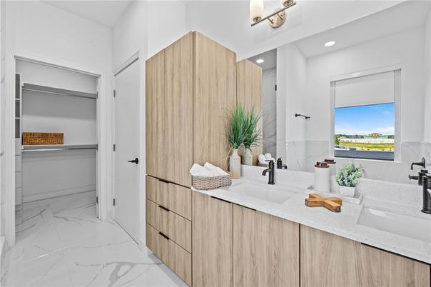 Bathroom, Dual Sink Vanities, Interior, Marble, Recessed Lighting