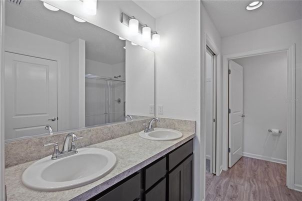 Bathroom, Dual Sink Vanities, Glass Shower, Interior, Wood Texture Flooring