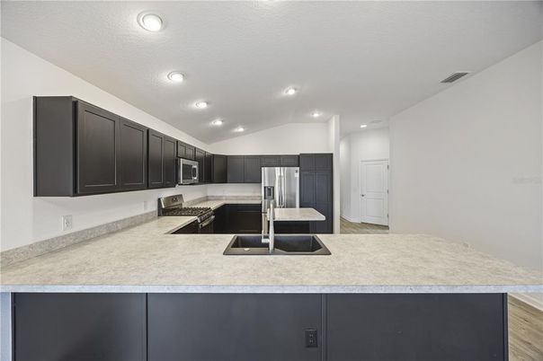 Interior, Kitchen, Recessed Lighting, Stainless Steel Appliances, Wood Texture Flooring