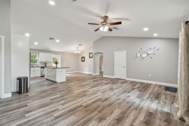 Empty room, Interior, Kitchen, Pendant Lights, Recessed Lighting, Wood Texture Flooring