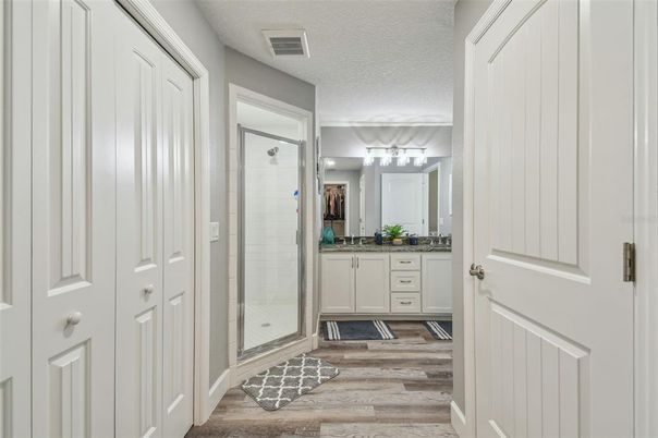 Bathroom, Glass Shower, Interior, Wood Texture Flooring