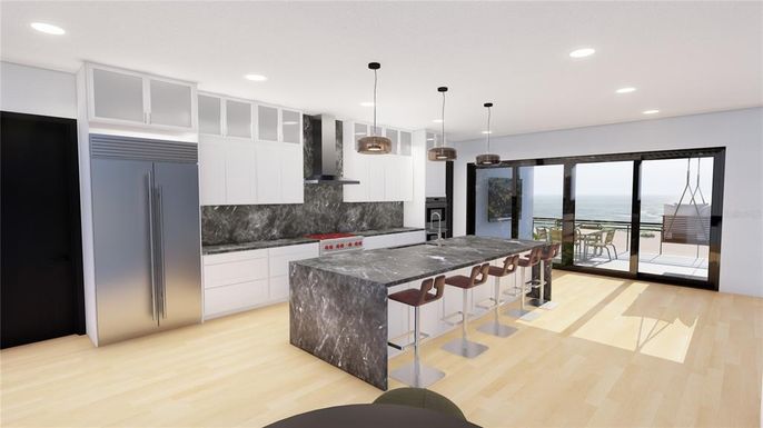 Interior, Kitchen, Pendant Lights, Recessed Lighting, Water, Wood Texture Flooring