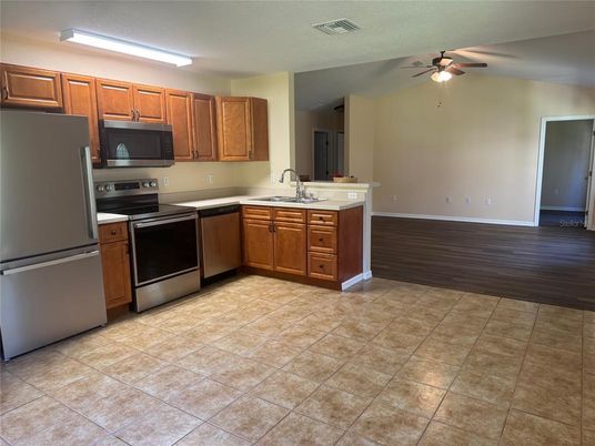 Interior, Kitchen, Stainless Steel Appliances, Wood Texture Flooring