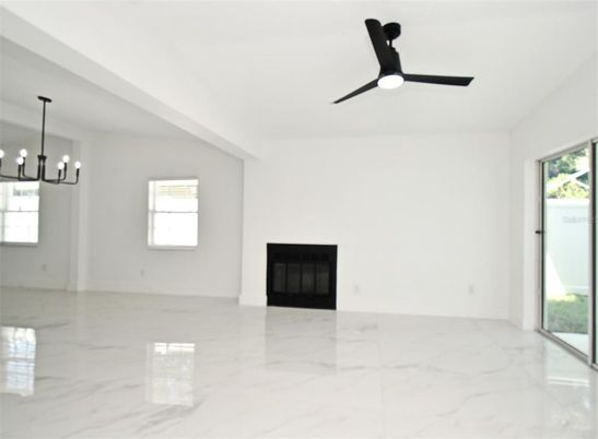 Empty room, Fireplace, Interior, Marble, Pendant Lights
