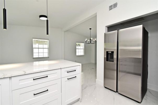 Interior, Kitchen, Marble, Pendant Lights, Stainless Steel Appliances