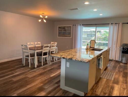 Dining room, Interior, Kitchen, Pendant Lights, Recessed Lighting, Wood Texture Flooring