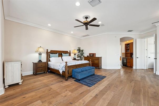Bedroom, Interior, Recessed Lighting, Wood Texture Flooring