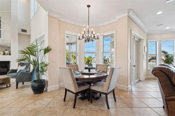 Chandelier, Dining room, Fireplace, Interior, Recessed Lighting