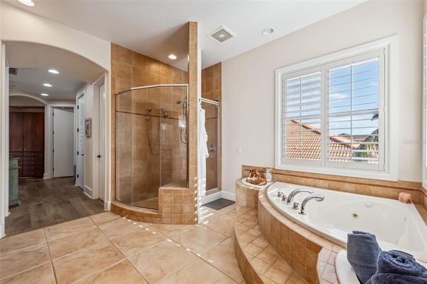Bathroom, Glass Shower, Interior, Recessed Lighting, Wood Texture Flooring