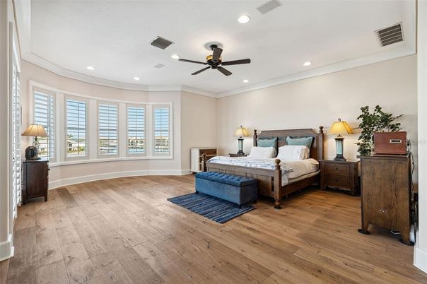 Bedroom, Interior, Recessed Lighting, Wood Texture Flooring