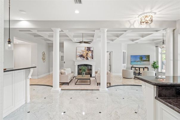 Fireplace, Interior, Living room, Marble, Pendant Lights, Recessed Lighting