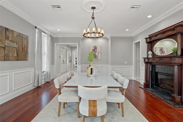 Chandelier, Dining room, Fireplace, Interior, Recessed Lighting, Wood Texture Flooring