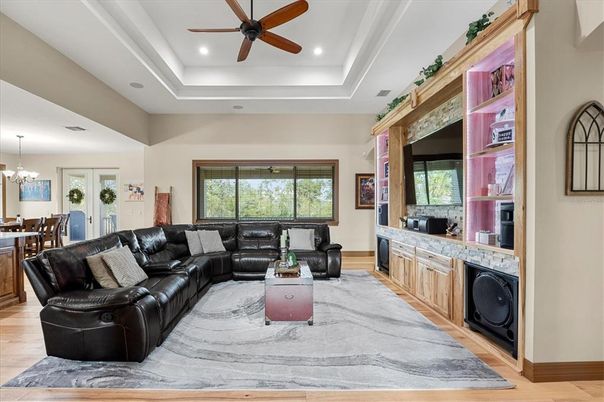 Chandelier, Dining room, Interior, Living room, Recessed Lighting, Wood Texture Flooring