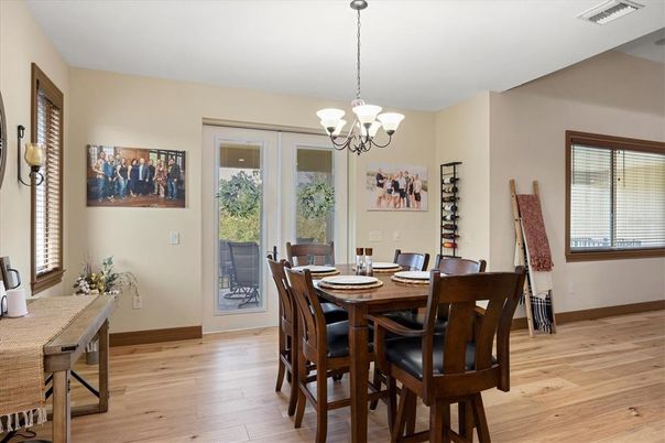 Chandelier, Dining room, Interior, Wood Texture Flooring