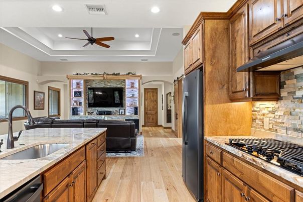 Interior, Kitchen, Living room, Recessed Lighting, Wood Texture Flooring