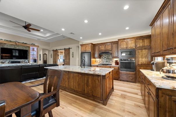 Interior, Kitchen, Living room, Recessed Lighting, Stainless Steel Appliances, Wood Texture Flooring