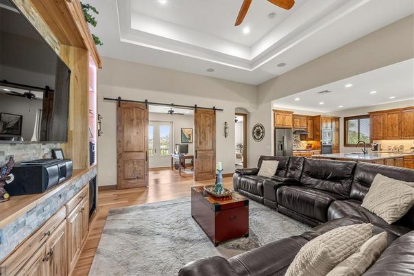 Fireplace, Interior, Kitchen, Living room, Recessed Lighting, Wood Texture Flooring