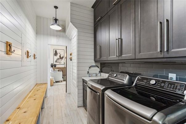 Interior, Pendant Lights, Washer, Wood Texture Flooring
