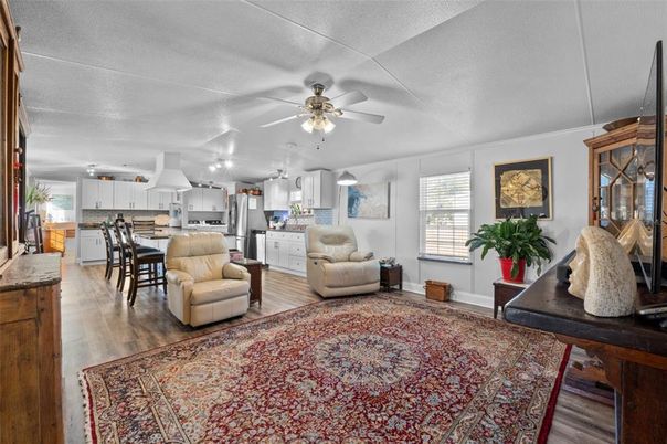 Dining room, Interior, Kitchen, Living room, Stainless Steel Appliances, Wood Texture Flooring