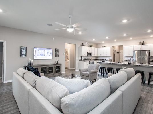 Interior, Kitchen, Living room, Recessed Lighting, Stainless Steel Appliances, Wood Texture Flooring