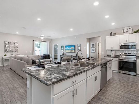 Interior, Kitchen, Living room, Recessed Lighting, Stainless Steel Appliances, Wood Texture Flooring