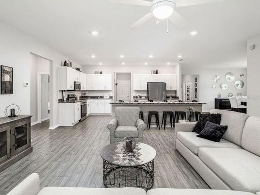 Interior, Kitchen, Living room, Recessed Lighting, Stainless Steel Appliances, Wood Texture Flooring