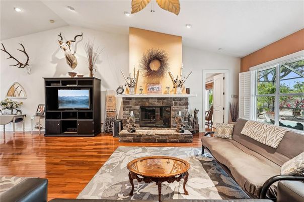 Fireplace, Interior, Living room, Recessed Lighting, Wood Texture Flooring