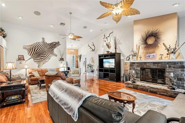 Fireplace, Interior, Living room, Recessed Lighting, Wood Texture Flooring