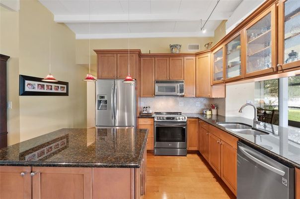 Interior, Kitchen, Pendant Lights, Stainless Steel Appliances, Wood Texture Flooring