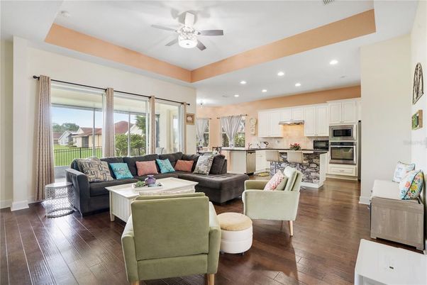 Interior, Kitchen, Living room, Recessed Lighting, Stainless Steel Appliances, Wood Texture Flooring