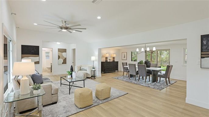 Dining room, Interior, Living room, Recessed Lighting, Wood Texture Flooring